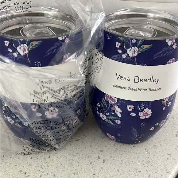 Vera Bradley Set of 2 Wine Tumbler’s Wild Roses Stainless Steel Purple 12oz NIB - Picture 1 of 7
